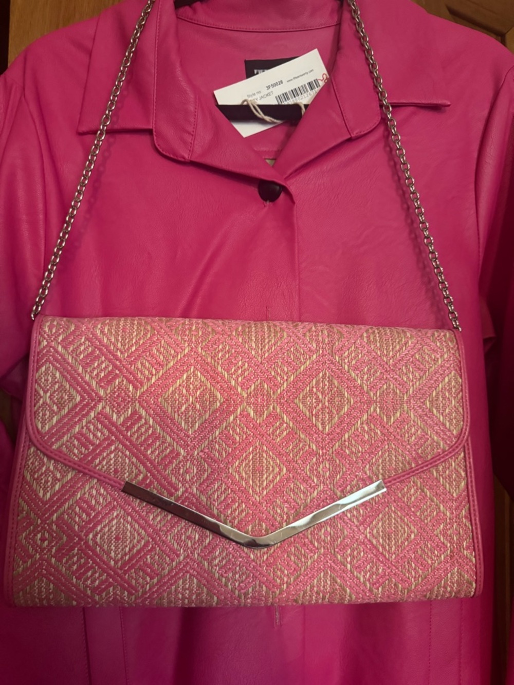 Poppie Pink Woven Geometric Clutch with Silver Chain